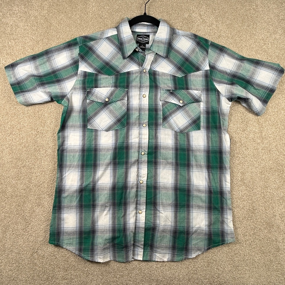 Work n Sport Mens Large Green Plaid Western Pearl Snap Short Sleeve Shirt